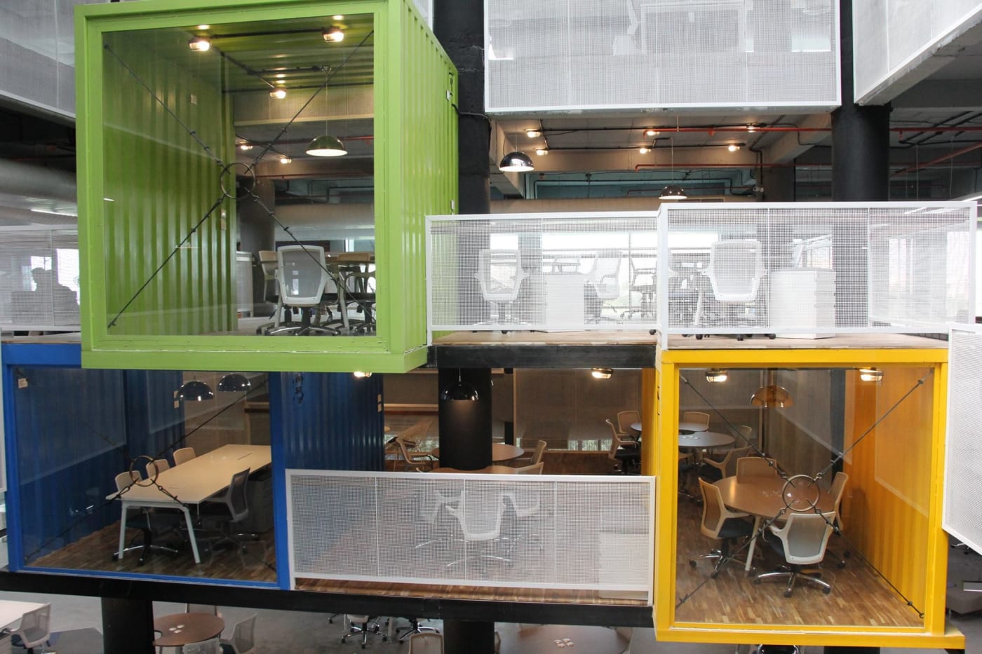 Meeting pods built from shipping containers at T-Hub, the startup incubator in Hyderabad.