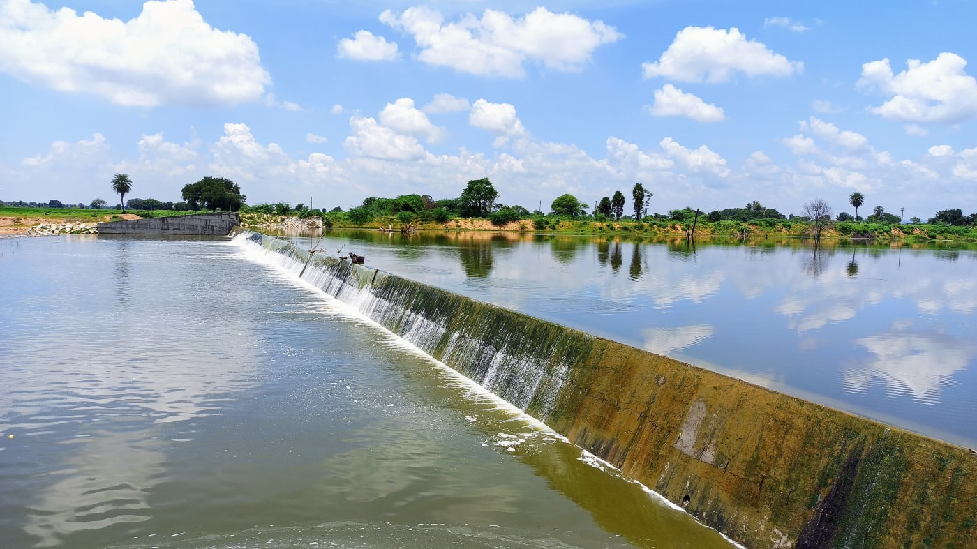 A check dam full of water at Peddamungalachedu village, Telangana.