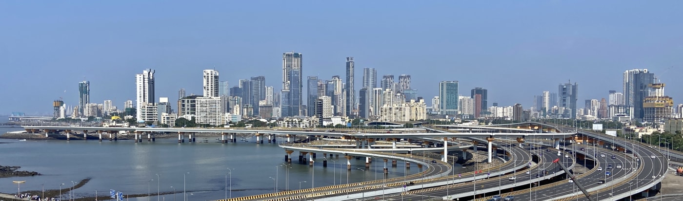 The Coastal Road interchange near Haji Ali, with the Mumbai skyline behind, in November 2025.