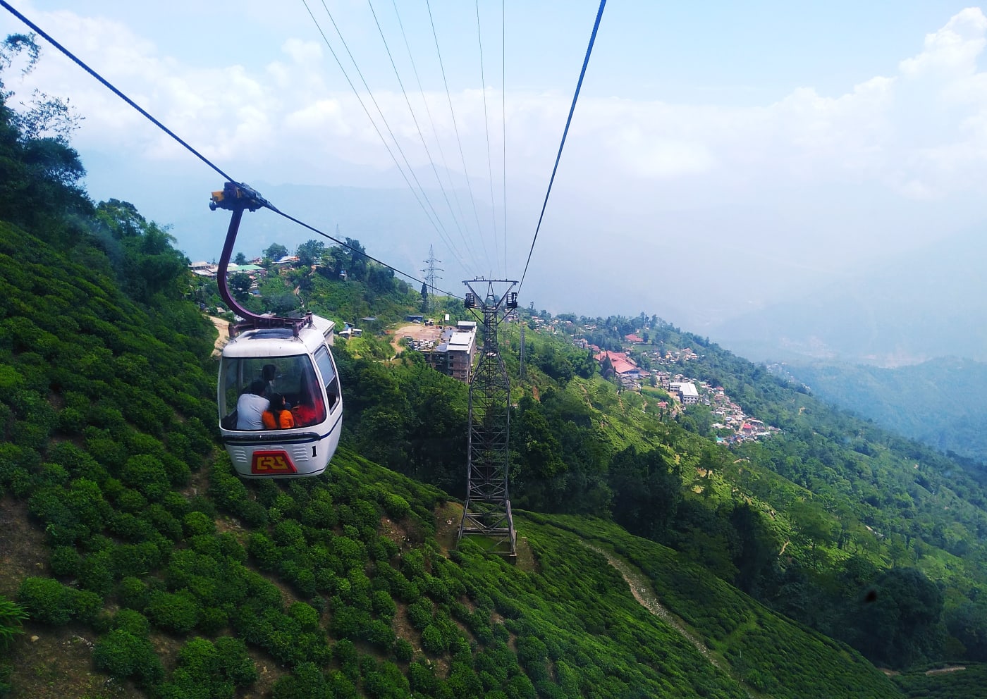 A cable car of the Darjeeling Ropeway above tea gardens, West Bengal.