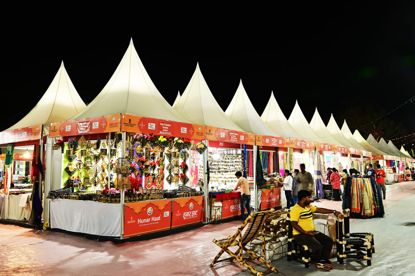 Artisans' stalls of crafts, textiles and bamboo furniture at Hunar Haat, Chandigarh.