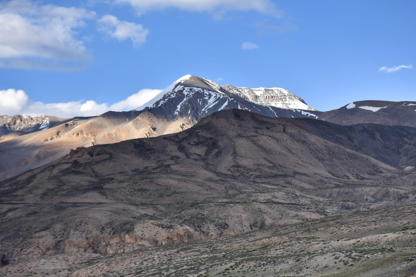 Kanamo Peak (5,998 m) seen from Kibber Wildlife Sanctuary, Spiti, Himachal Pradesh.