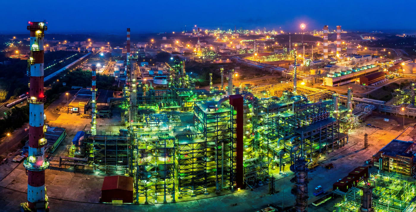 The MRPL refinery at Mangaluru, Karnataka, at night.