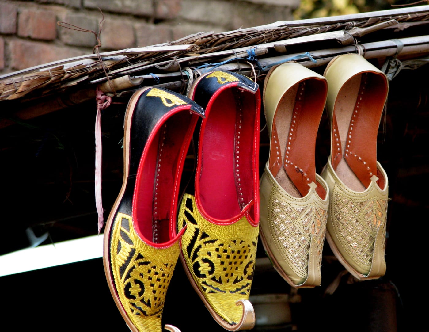 Embroidered Punjabi juttis on display at Dilli Haat, Delhi.