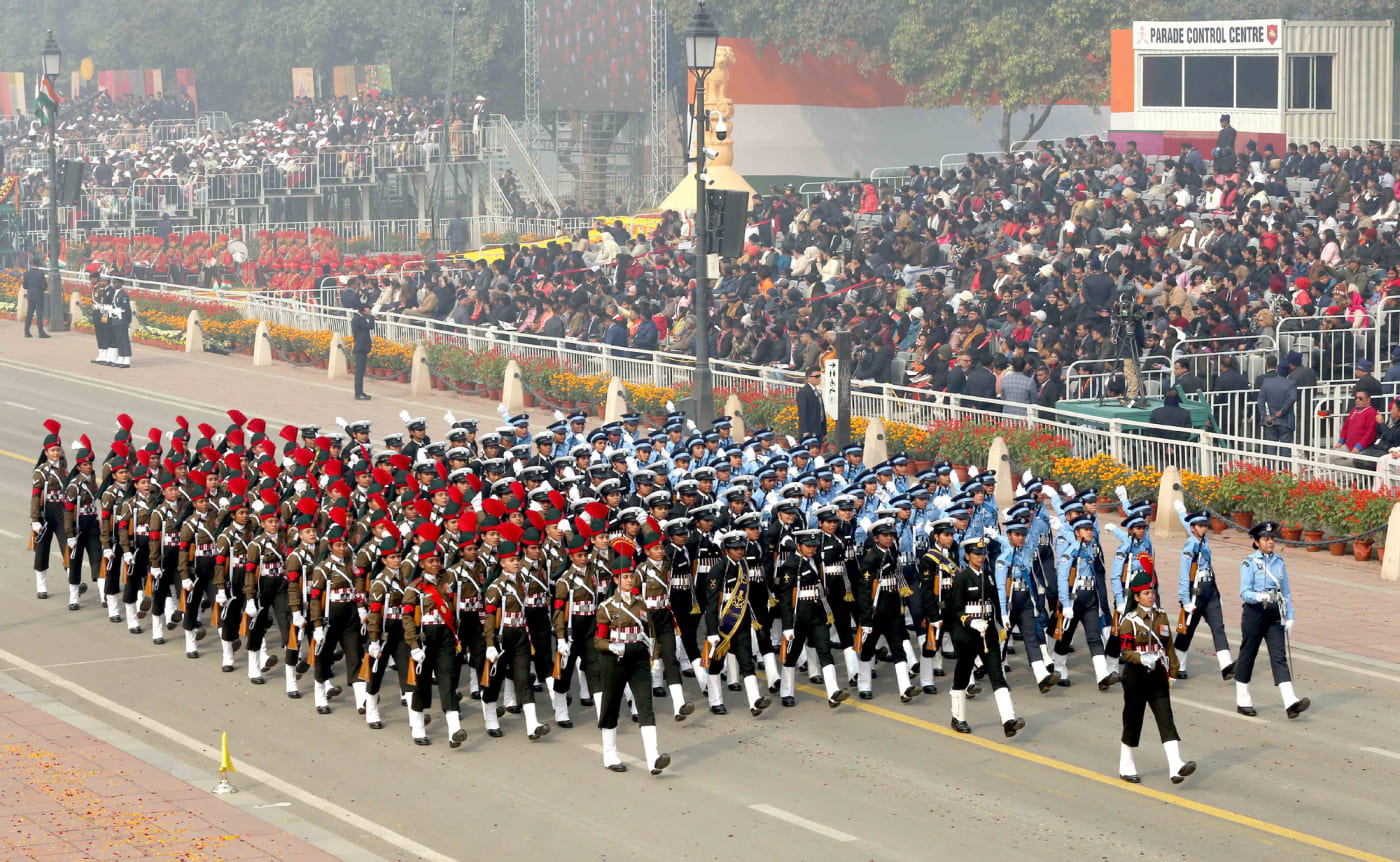 An Indian Armed Forces contingent marches down Kartavya Path during the 75th Republic Day Parade in New Delhi.