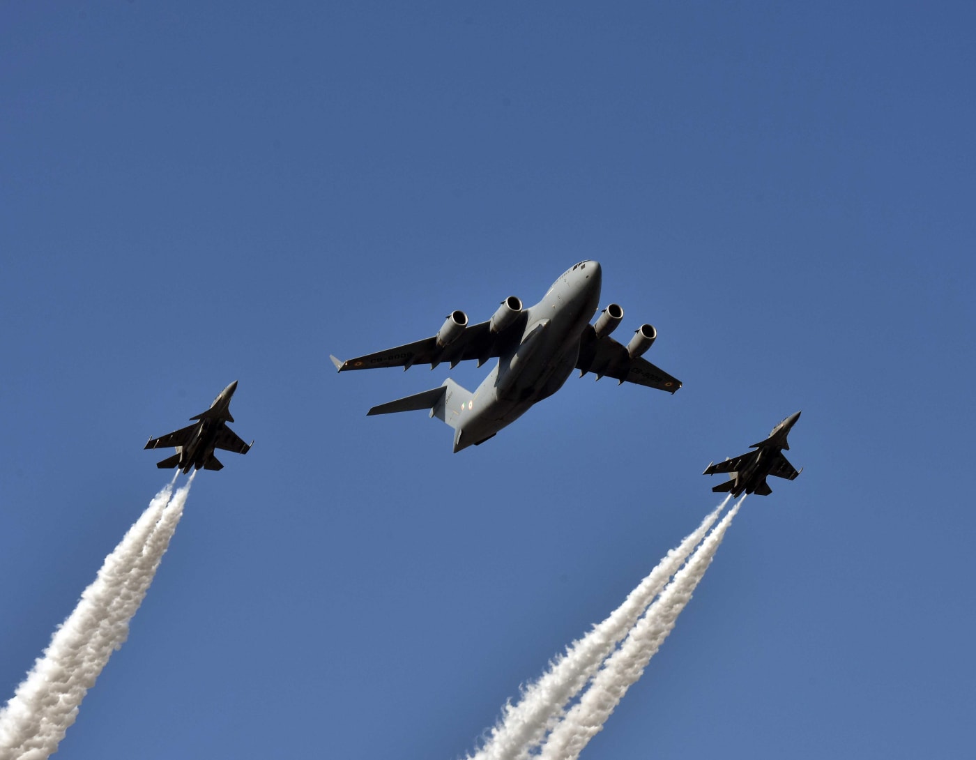 A C-17 Globemaster flies over Rajpath with two fighter jets during the 70th Republic Day celebrations in New Delhi.