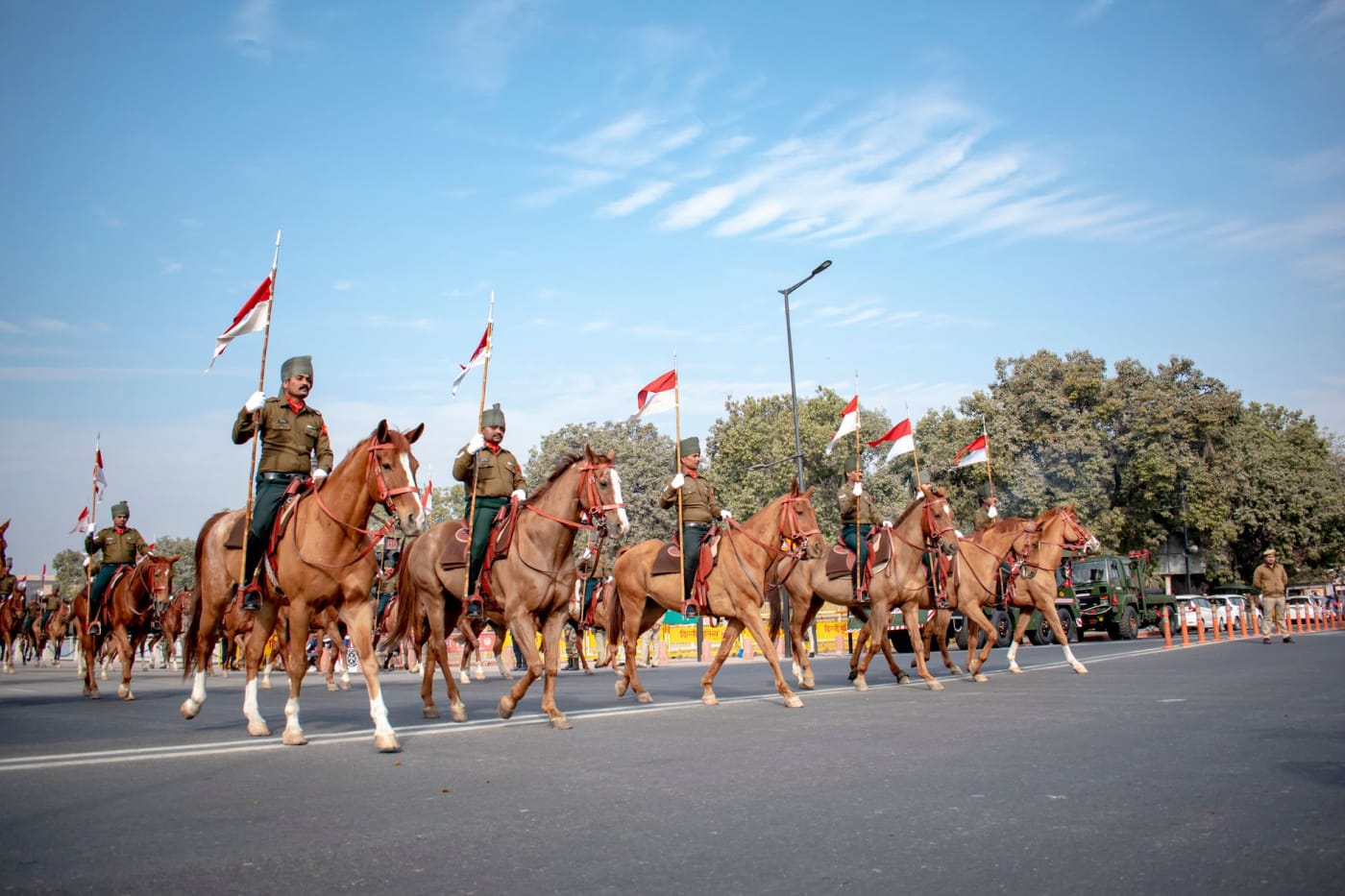 Mounted guards in ceremonial dress on parade in New Delhi.