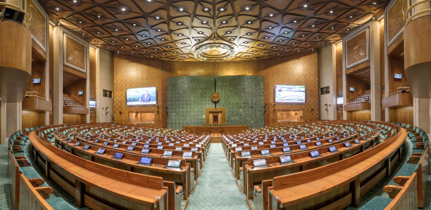 The peacock-themed Lok Sabha chamber in the new Parliament House, New Delhi.