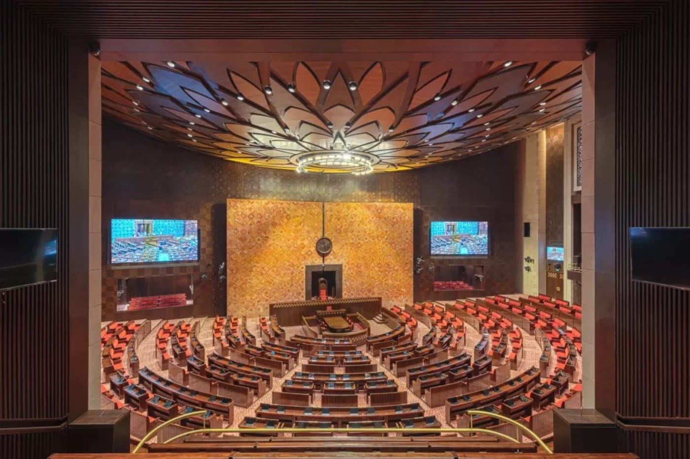 The lotus-themed Rajya Sabha chamber in the new Parliament House.