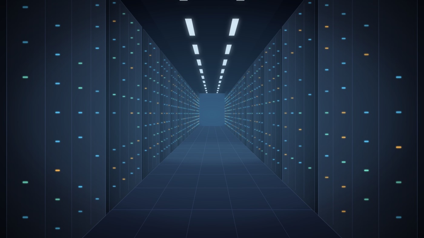 Illustration: rows of server racks in a supercomputer hall.