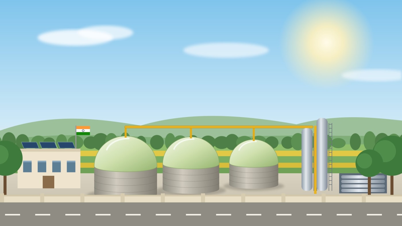 Illustration: a compressed biogas plant with digesters, gas domes and purification columns beside farmland.