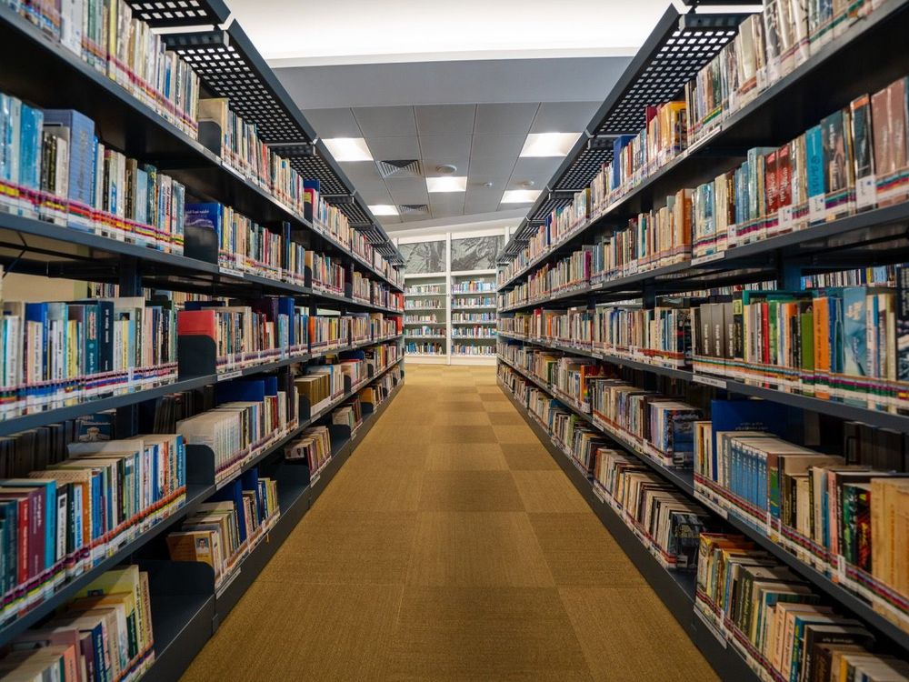 Two long books shelves in a public library