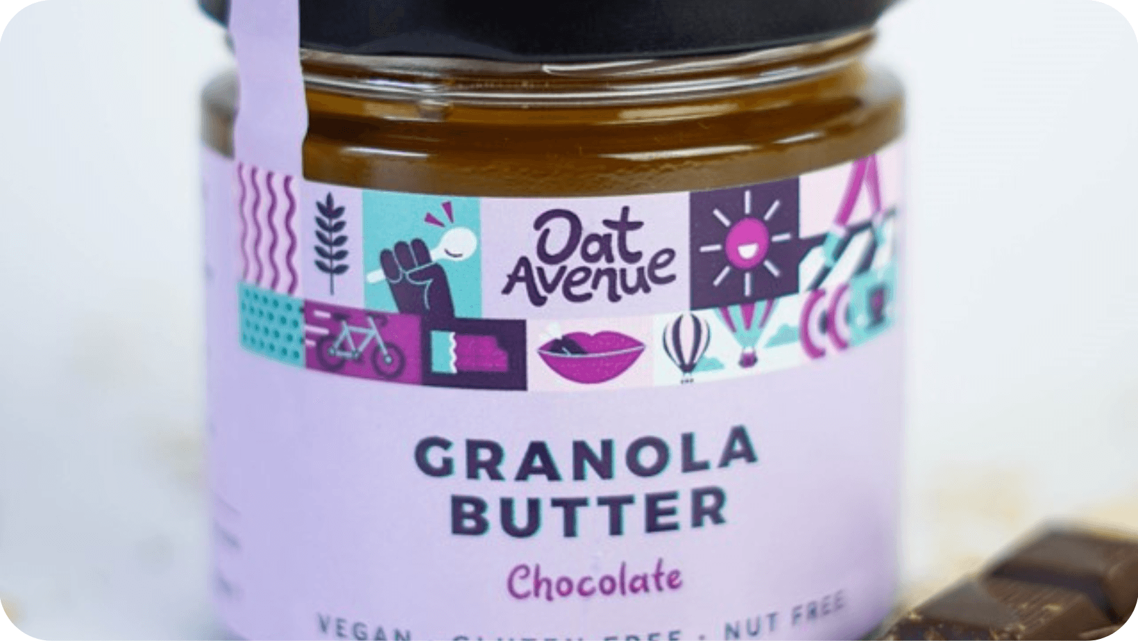 Oat Avenue chocolate granola butter in a glass jar