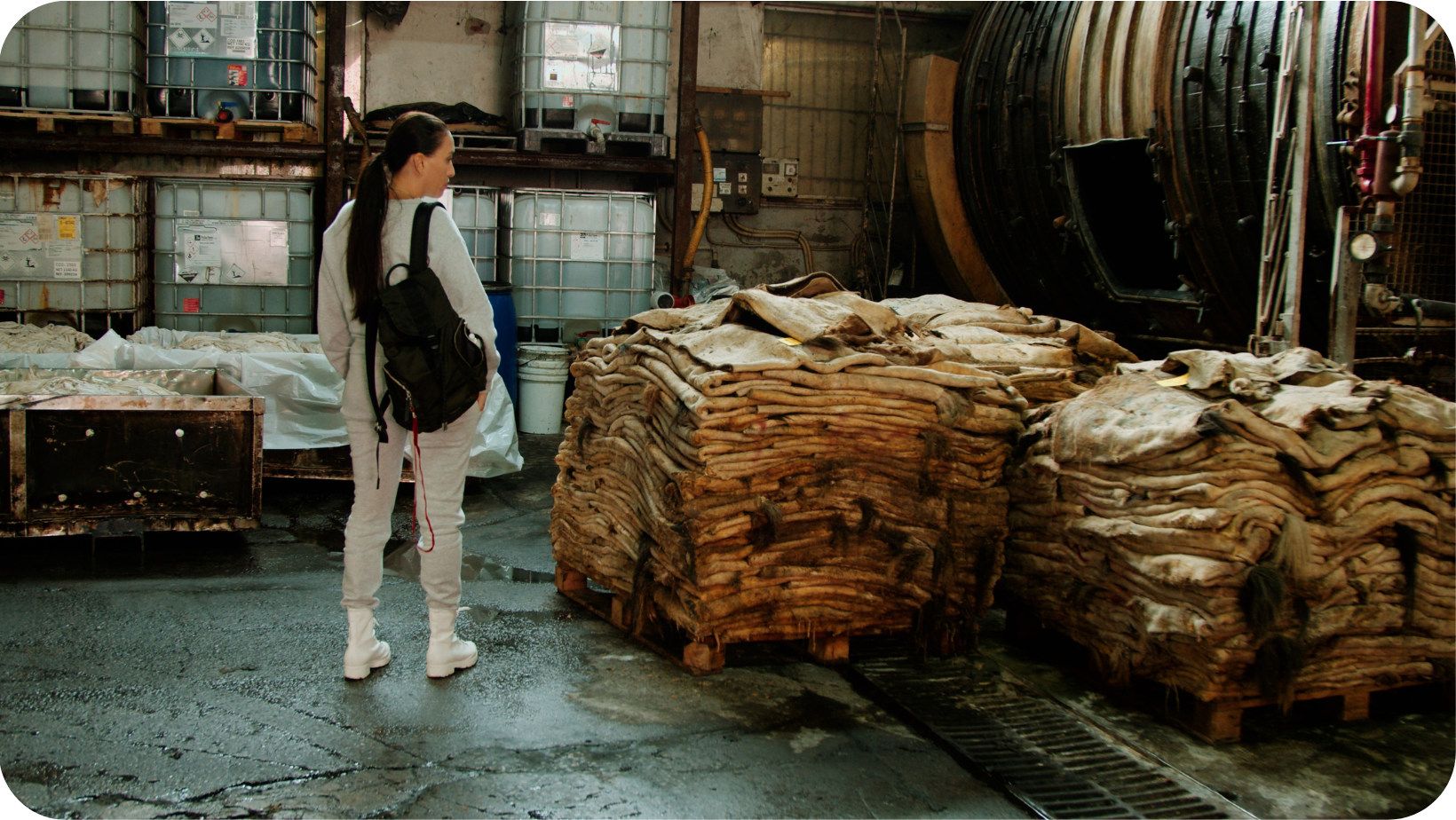 piles of animal skins in a leather factory