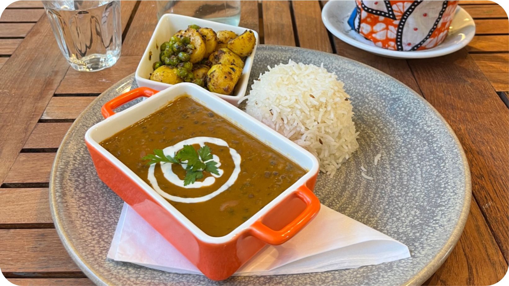 Vegan Indian food such as rice, potatoes and curry