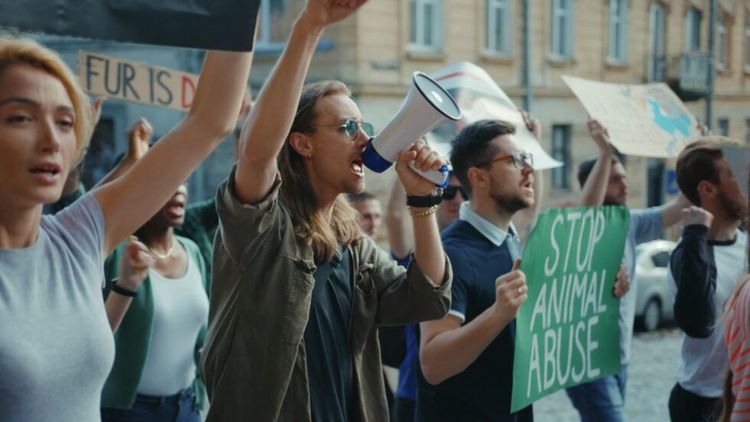 Group of vegan activists protesting for animal rights holding placards and marching.