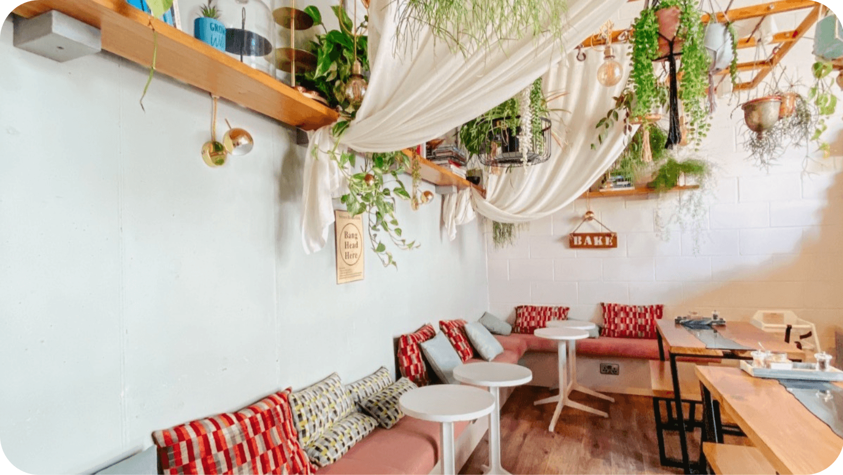 Interior of Arapina Bakery: with a variety of colourful cushions, tables and vegetation