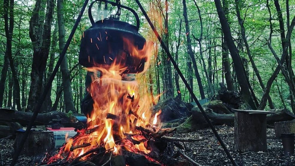 An open camp fire heating up an iron pan in the forest to cook a meal