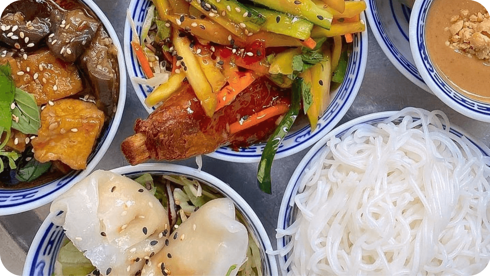 Multiple bowls of colourful Vietnamese tapas from 1990 Vegan Living restaurant in Berlin