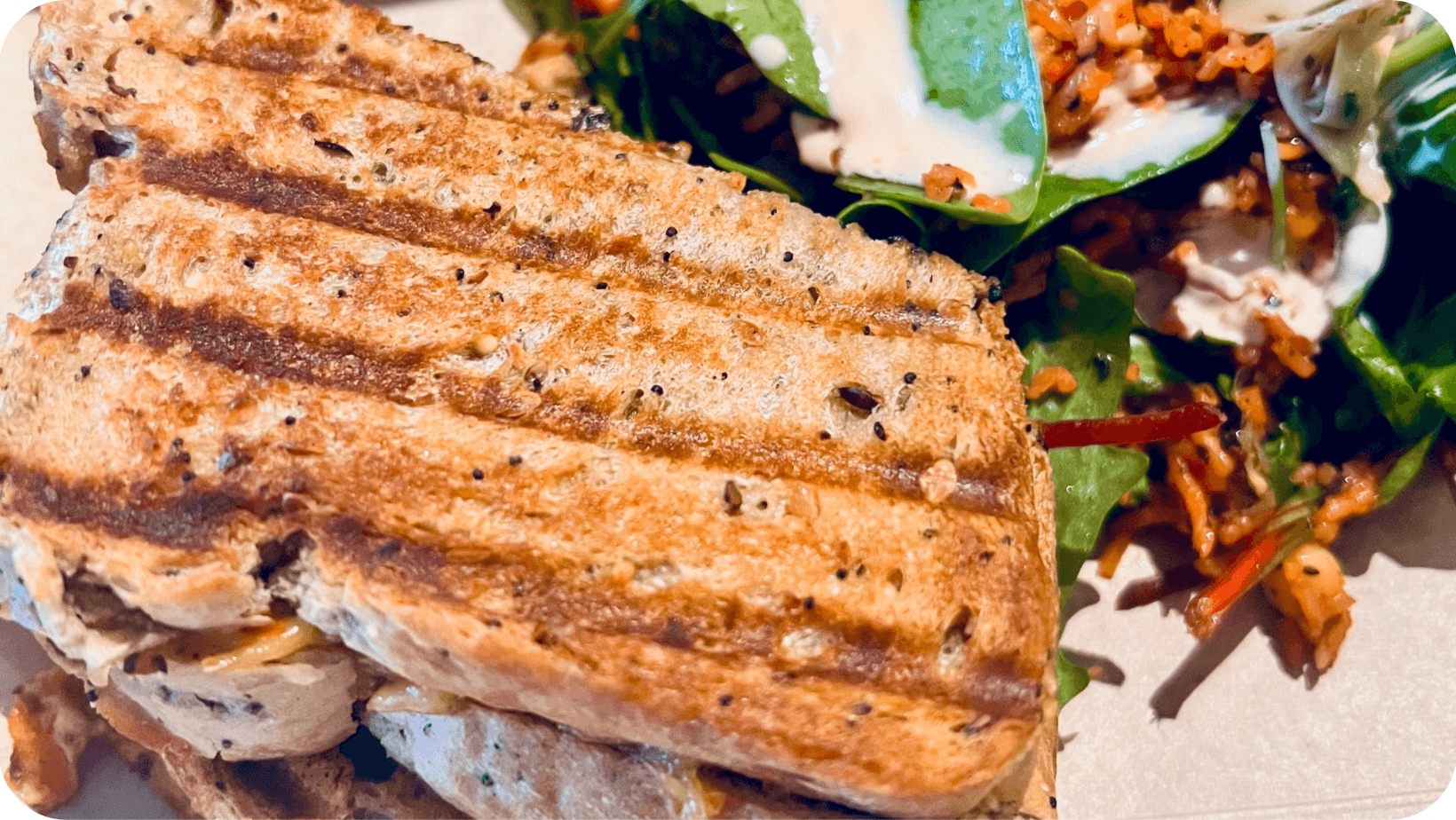  Vegan melted cheese toastie with a rainbow mixed salad on the side from the Cosy Jazz Café in Blackpool