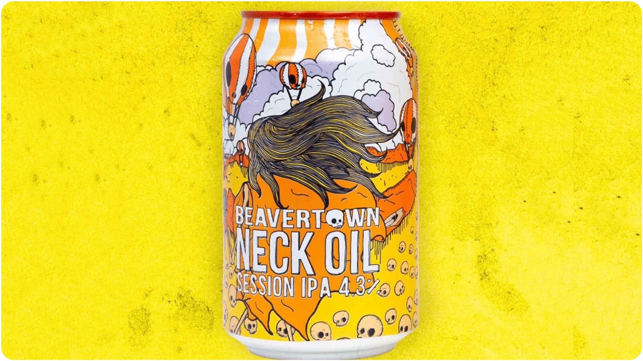 Colourful can on Beavertown Neck Oil IPA on a yellow background