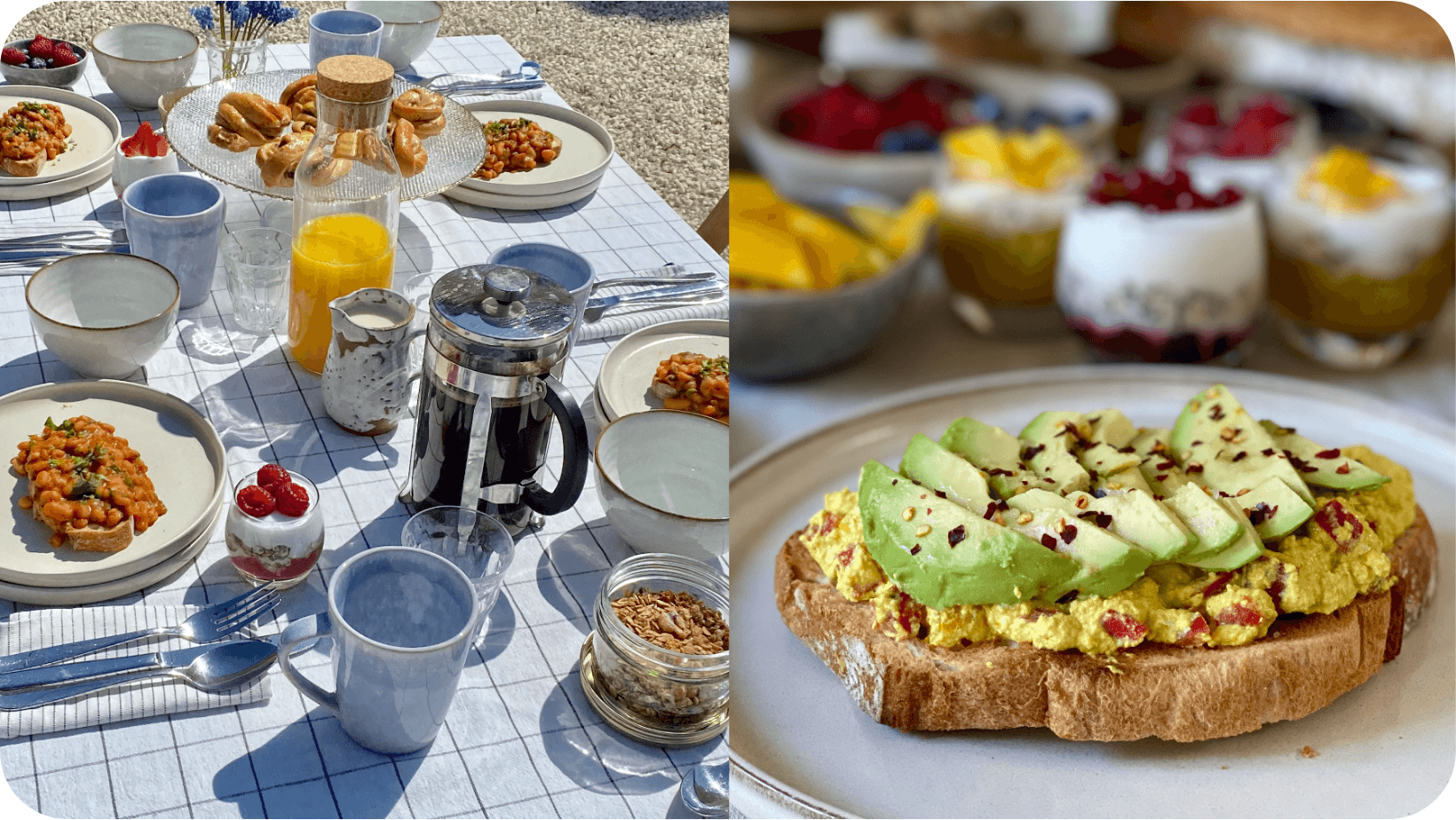 Variety of vegan breakfast items including toast with avocado, coffee, orange juice, fruit compotes and pastries