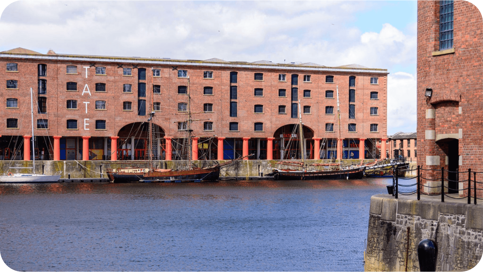 The Tate Liverpool building behind a body of water and ships