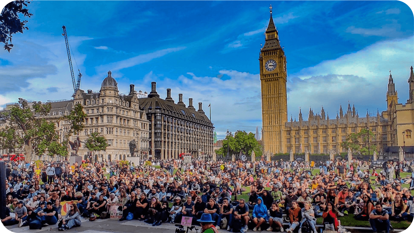 Large gathering of vegan protestors during the National Animal Rights March 2023 in London outside Parliament Square 
