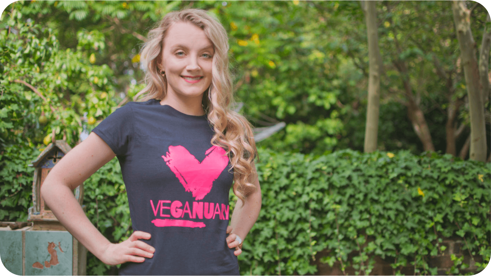 Veganuary Ambassador, Evanna Lynch, wearing a t-shirt with the Veganuary logo on.