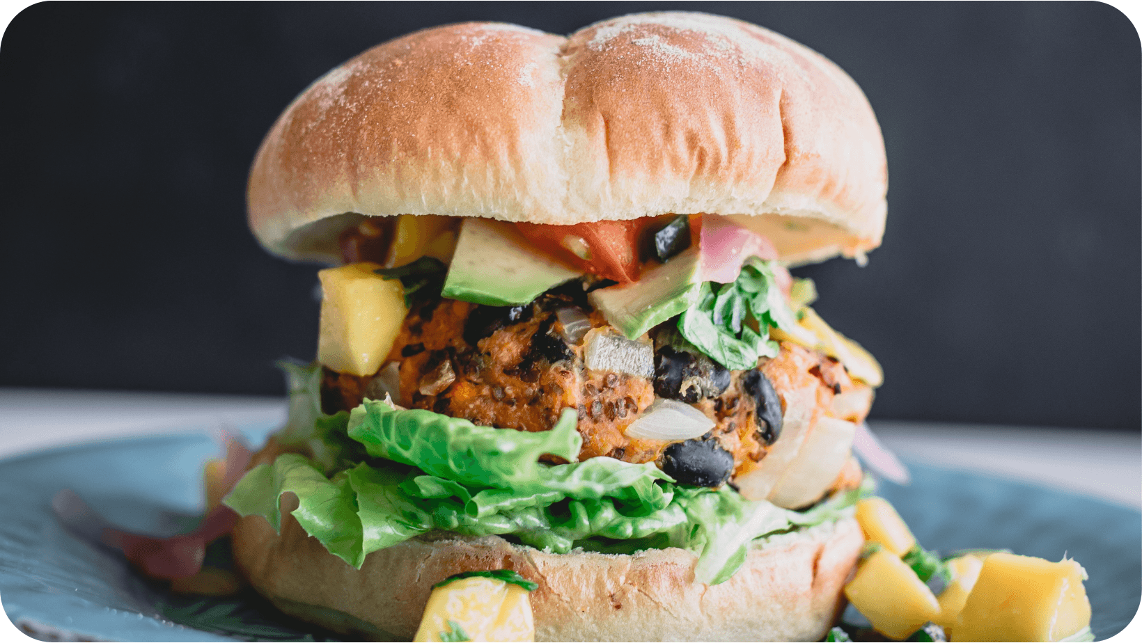 Vegan burger with whole food toppings.