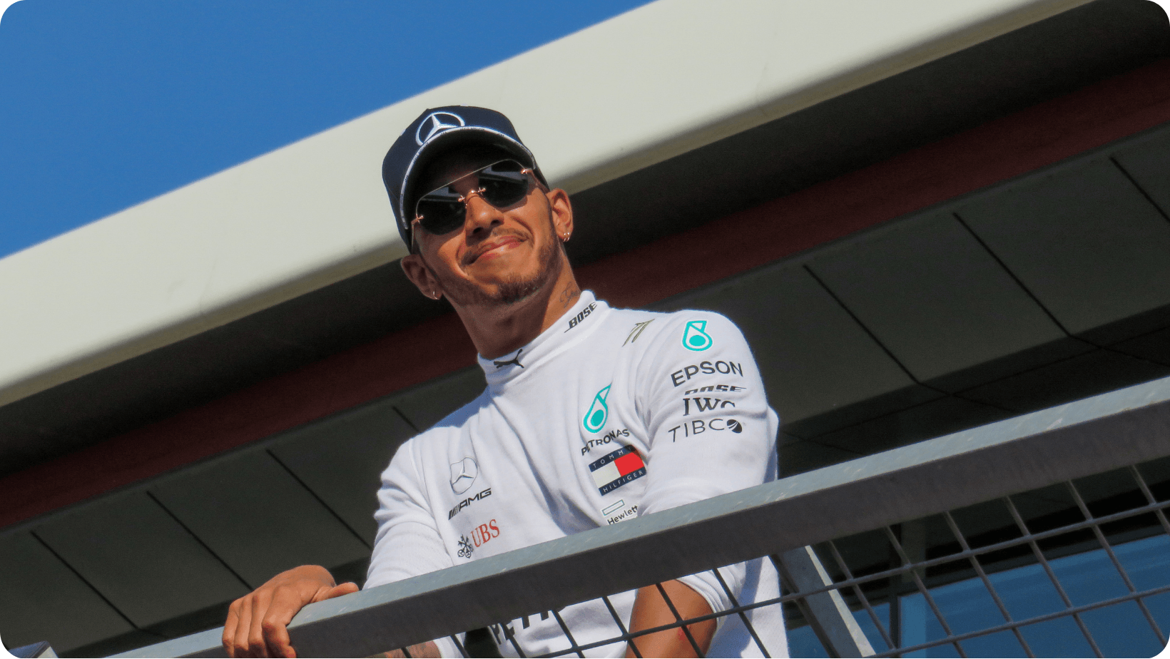 Lewis Hamilton on the balcony smiling at Silverstone, British GP 2018