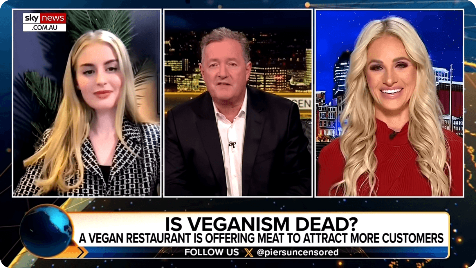 Jamie Logan being interviewed about veganism on Sky News by Piers Morgan and Tomi Lahren