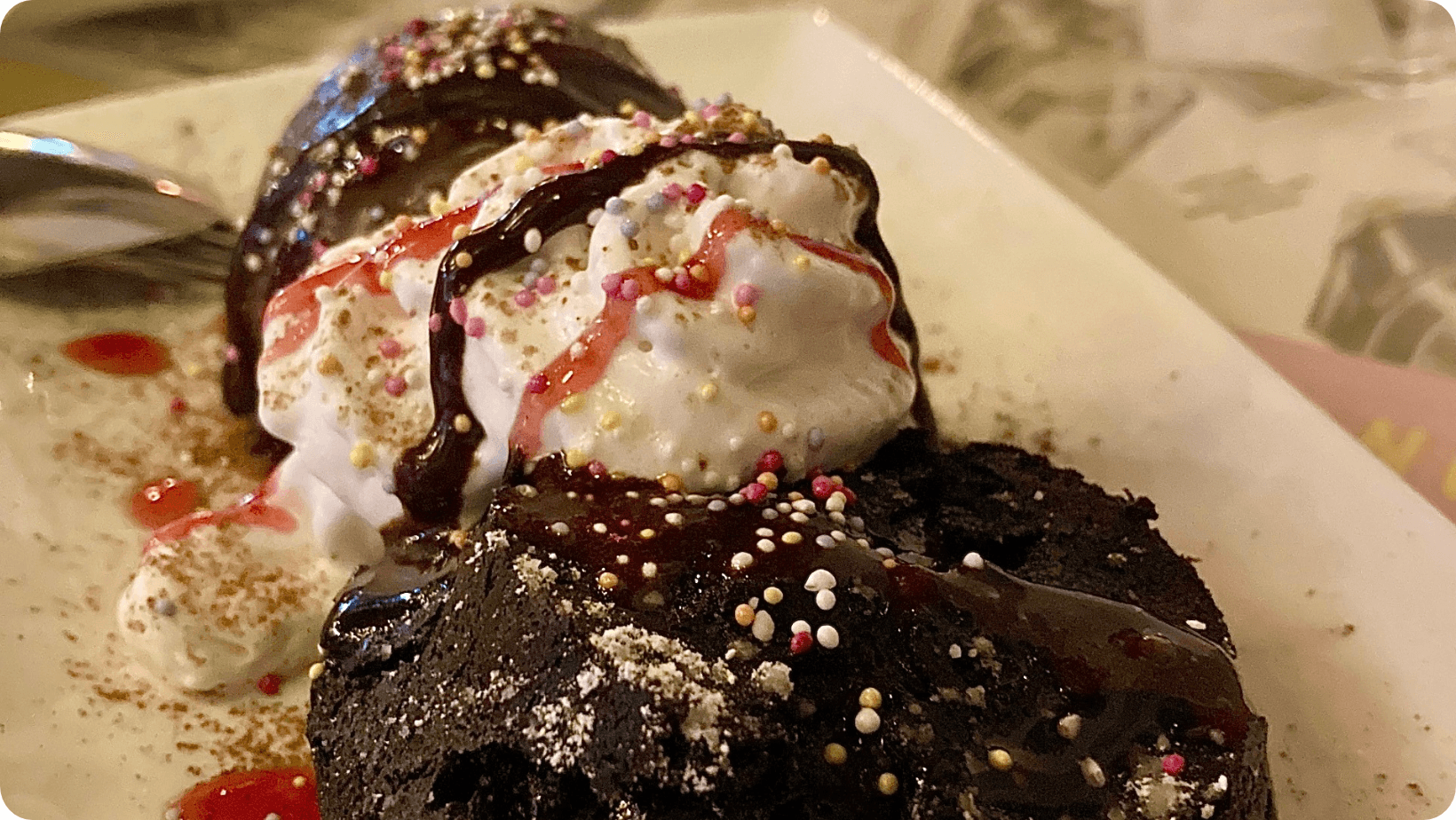 Molten chocolate cake with cream and ice cream from Veggie 4 Love, Hong Kong.