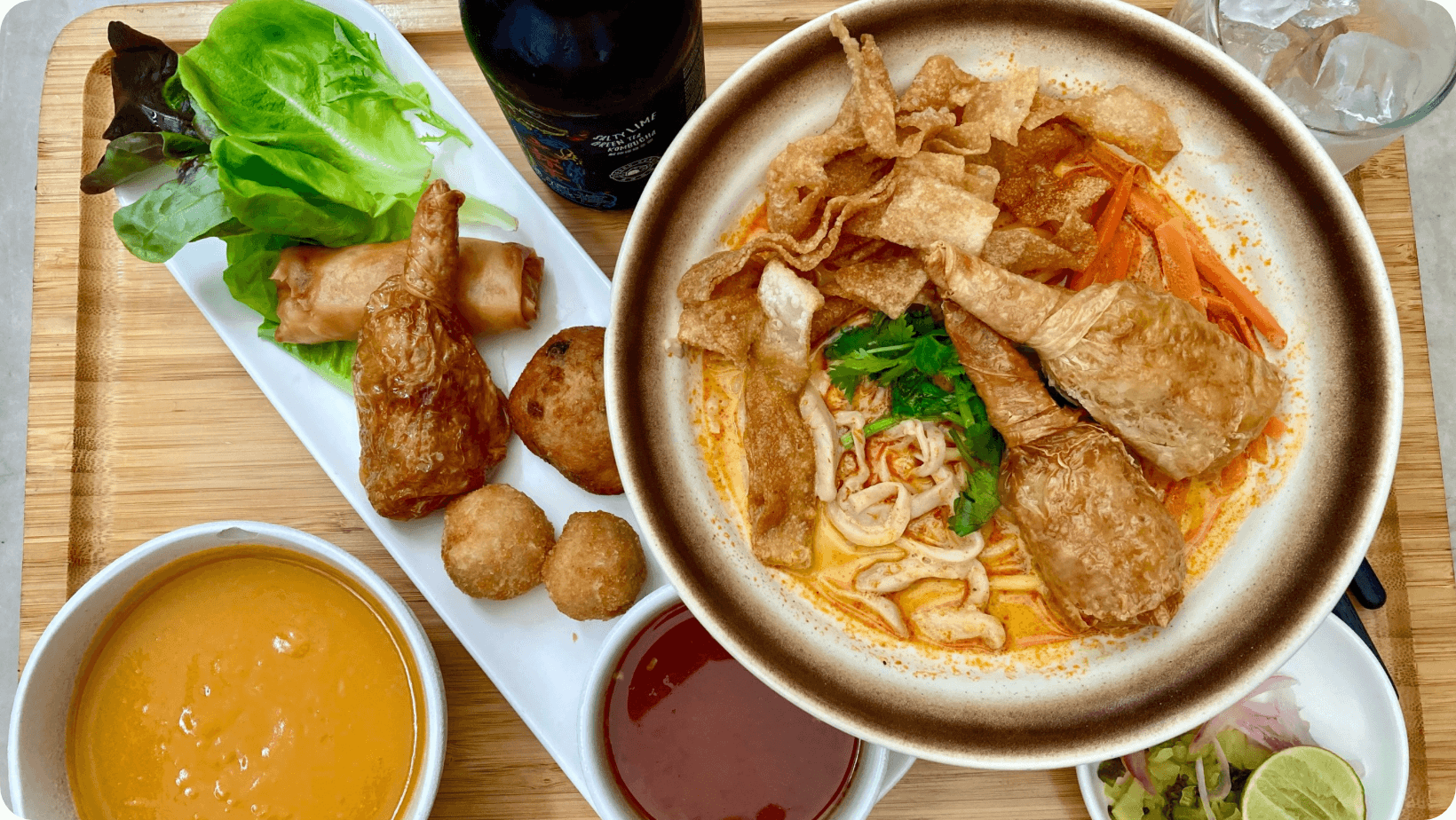Noodles, vegan drumsticks, and appetisers from Root Vegan, Hong Kong.