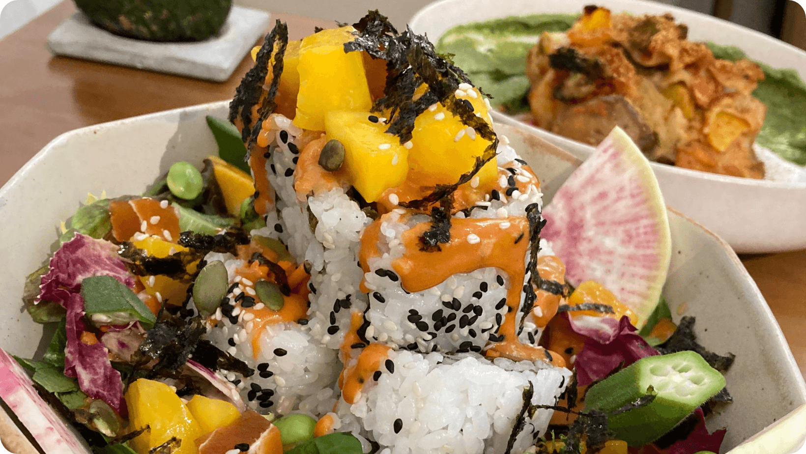 Sushi bowl and lasagna from Wanaka, Hong Kong.