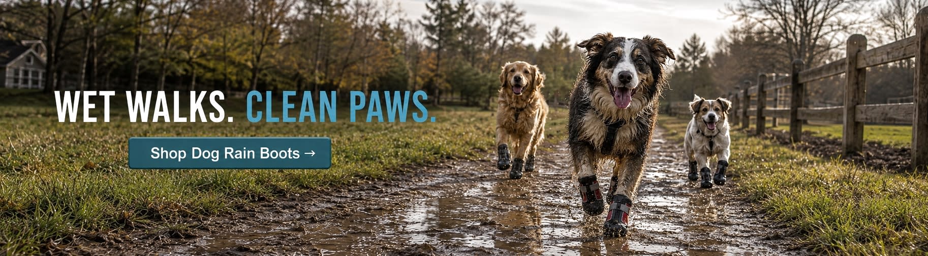 Dogs wearing rain boots on a wet, muddy trail