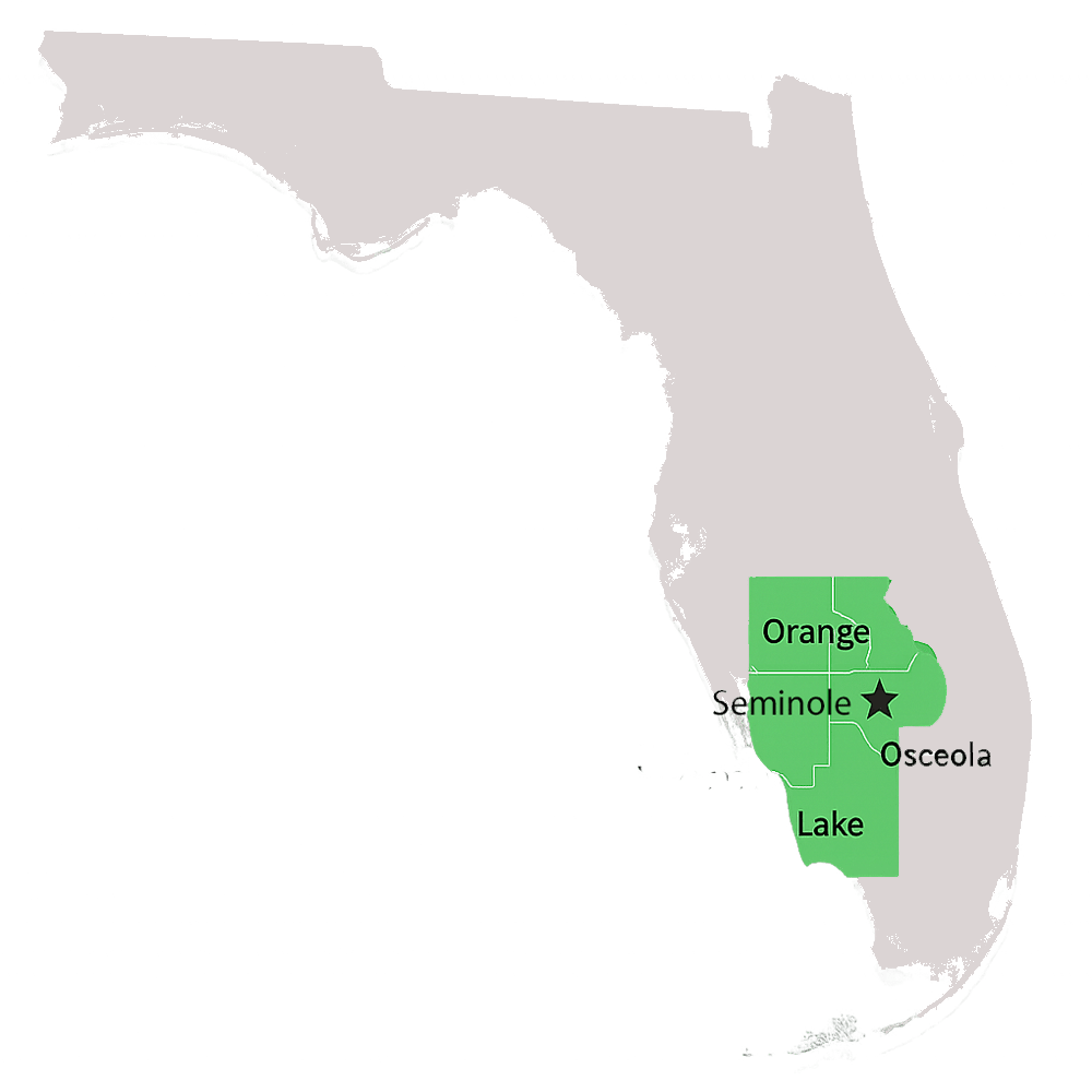 Central Florida service map showing Orange, Osceola, Seminole, and Lake County coverage.