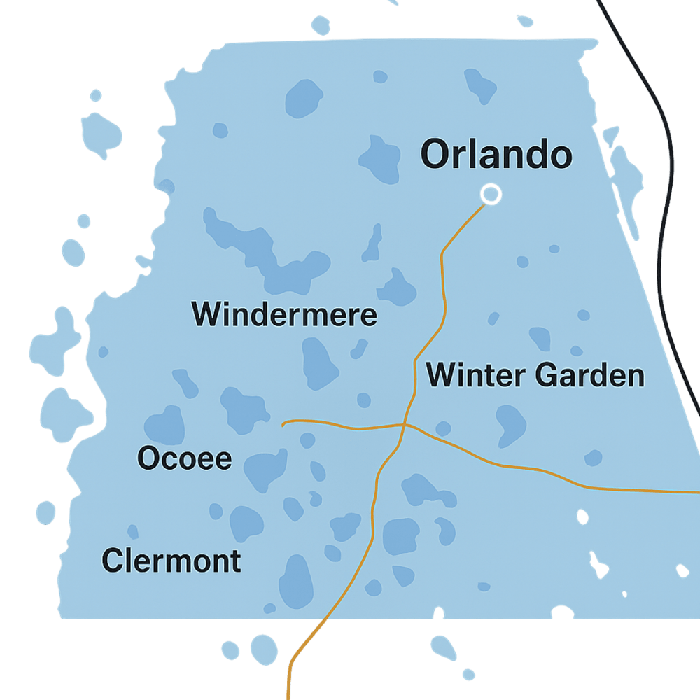 Service area map highlighting Orlando, Windermere, Winter Garden, Ocoee, and Clermont showing Glass Orlando’s west Orlando sliding door and glass repair service area