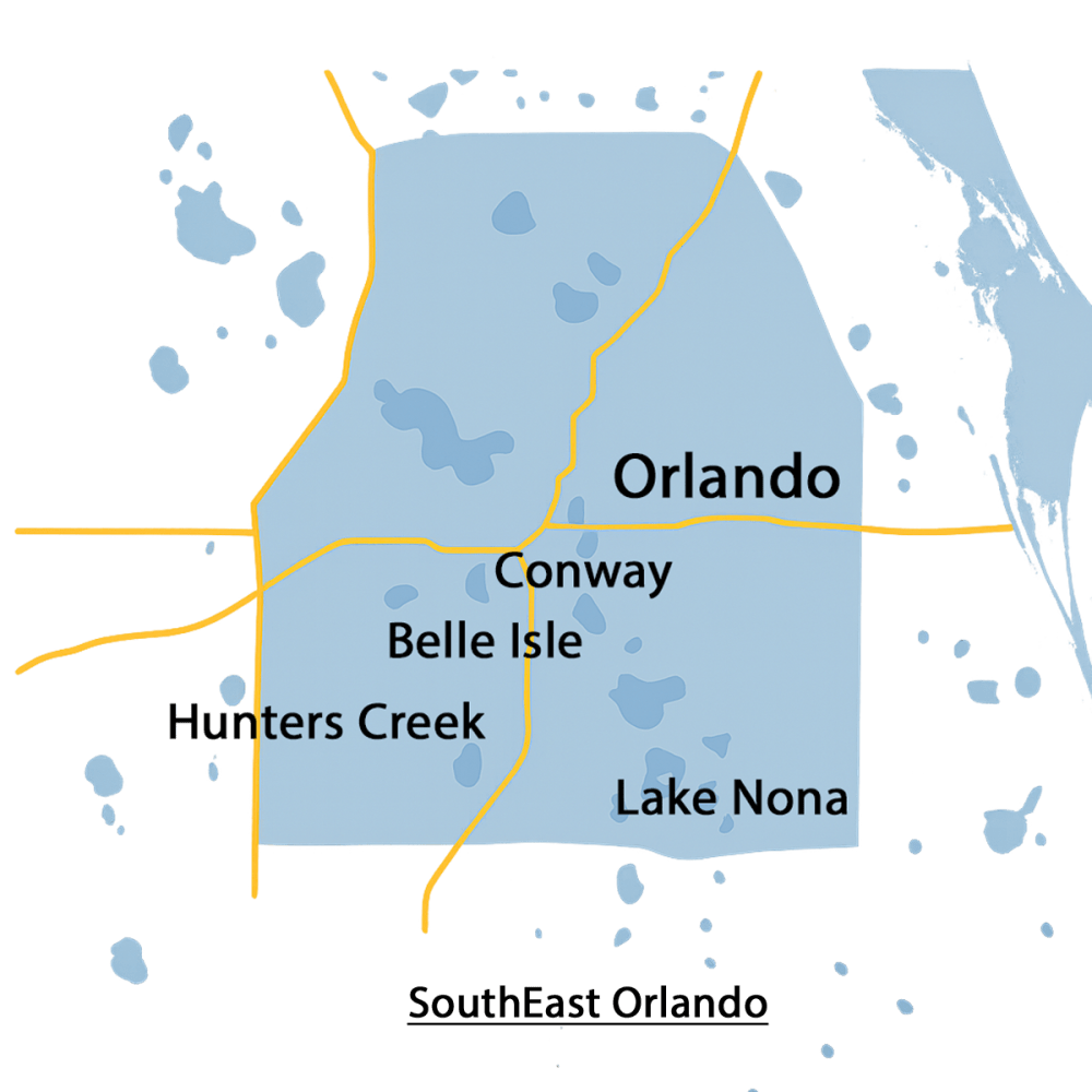Map highlighting Orlando, Lake Nona, Hunter’s Creek, Belle Isle and Conway showing Glass Orlando’s commercial safety and impact glass service area across south and southeast Orlando in Orange and Osceola Counties