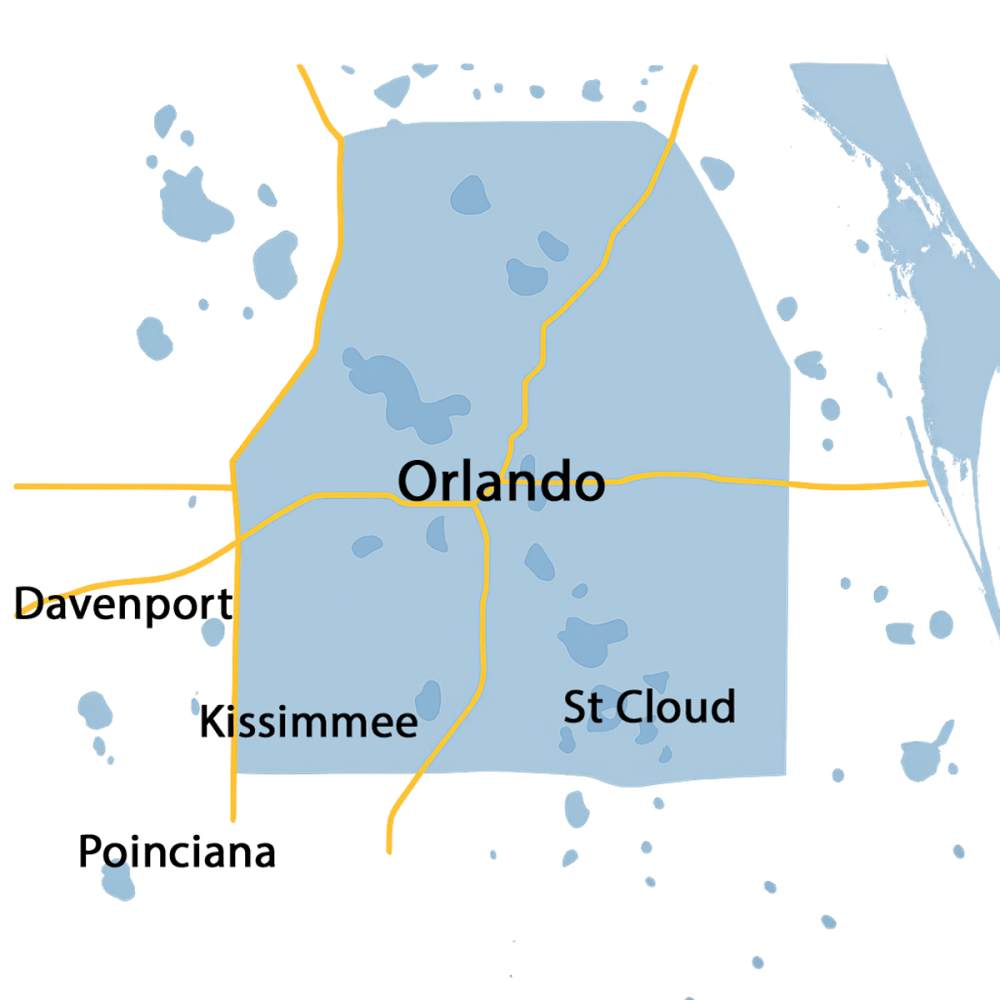 Map highlighting Orlando, Kissimmee, St. Cloud, Davenport and Poinciana showing Glass Orlando’s emergency board-up service area across south, southeast and southwest Orlando in Orange and Osceola Counties