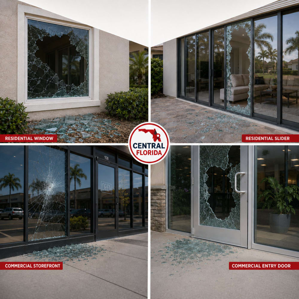 Emergency glass damage examples including broken house window patio slider storefront panel and commercial door glass in Central Florida