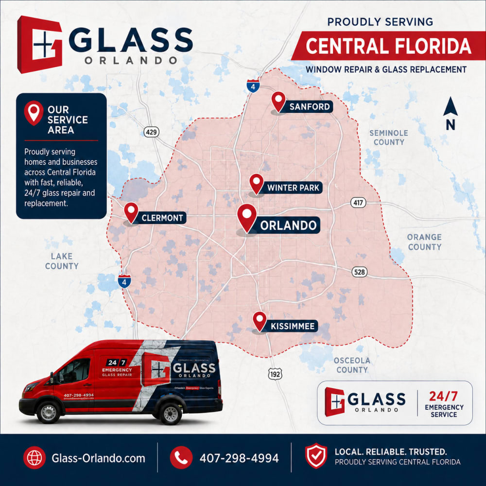 Map highlighting Orlando, Kissimmee, Winter Park, Sanford and Clermont showing Glass Orlando’s commercial glass service area across north south east and west Orlando in Orange Osceola Seminole and Lake Counties