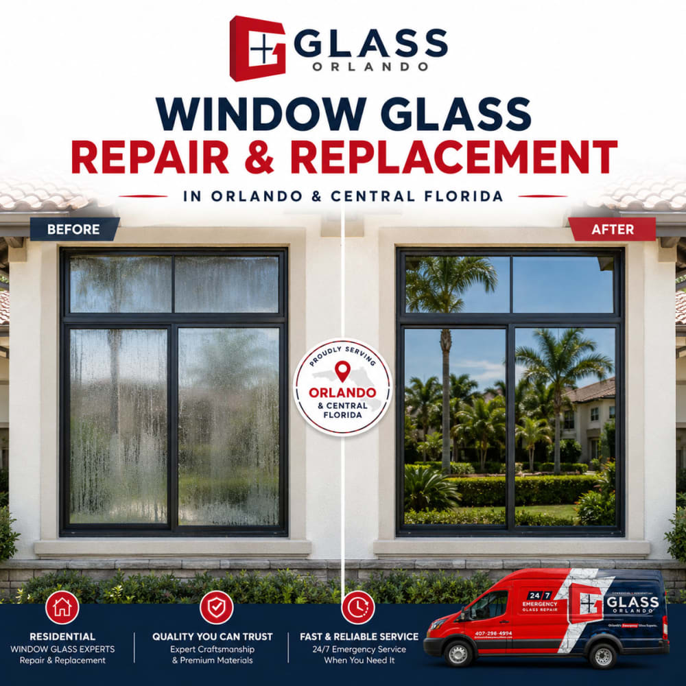 Residential window with failed glass beside a repaired clear pane representing window glass repair and replacement in Orlando and Central Florida