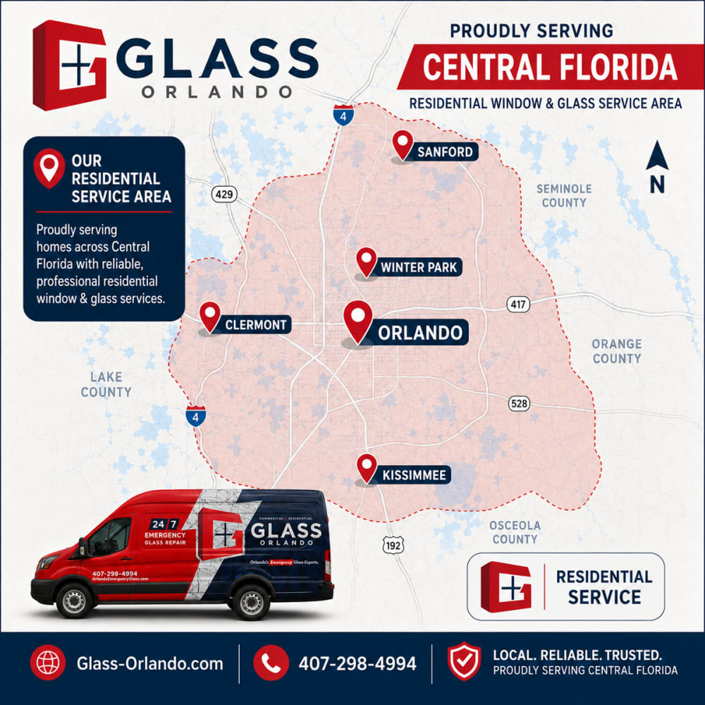 Map highlighting Orlando, Kissimmee, Winter Park, Sanford and Clermont showing Glass Orlando’s residential window glass repair service area across north south east and west Orlando in Orange Osceola Seminole and Lake Counties