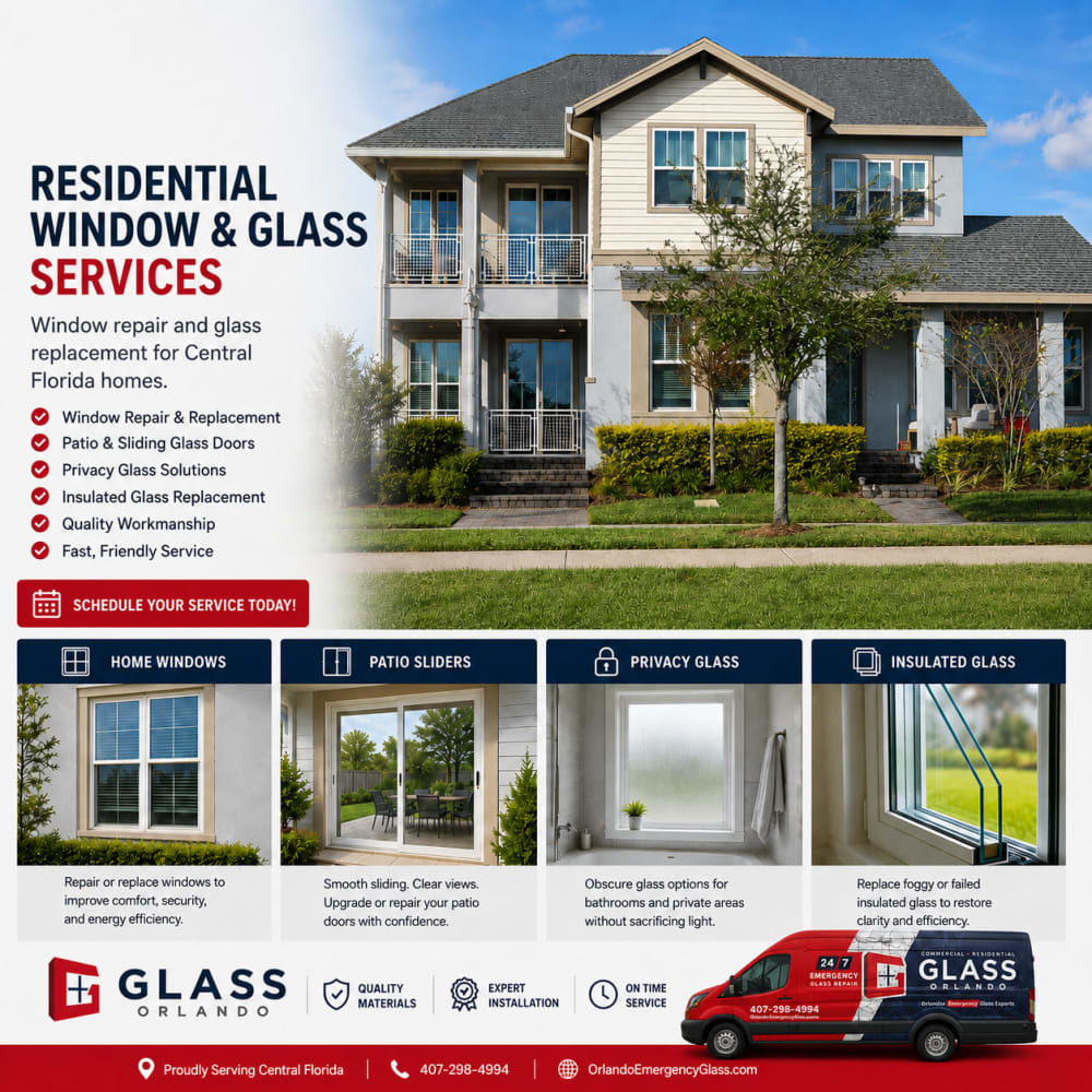 Residential window patio door privacy glass and insulated glass services offered by Glass Orlando in Central Florida