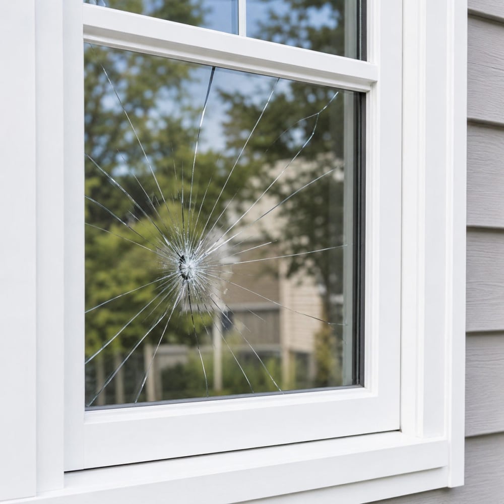 Cracked residential window glass in a Central Florida home needing prompt repair or replacement