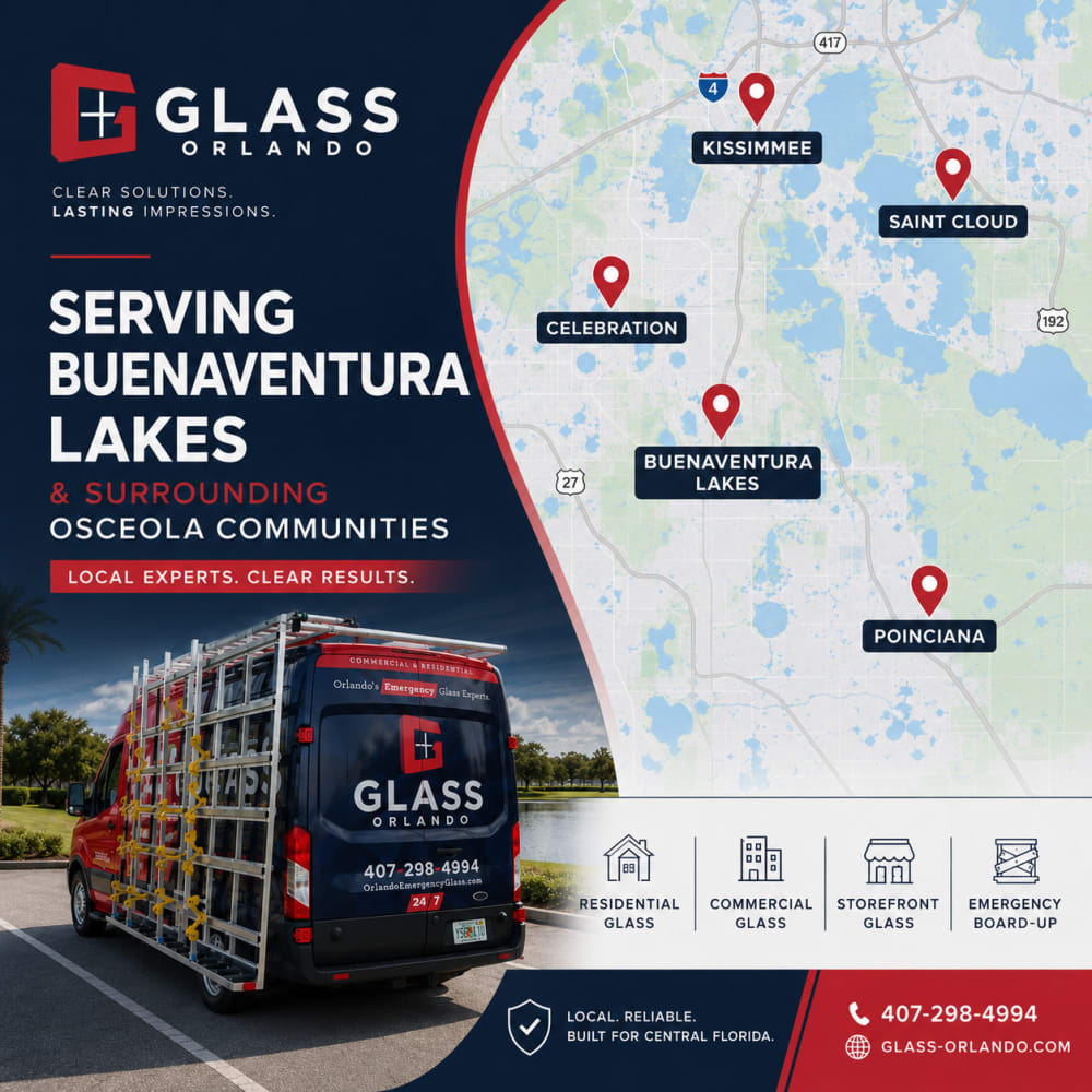 Map highlighting Buenaventura Lakes Kissimmee Saint Cloud Celebration and Poinciana showing Glass Orlando service coverage in Osceola County