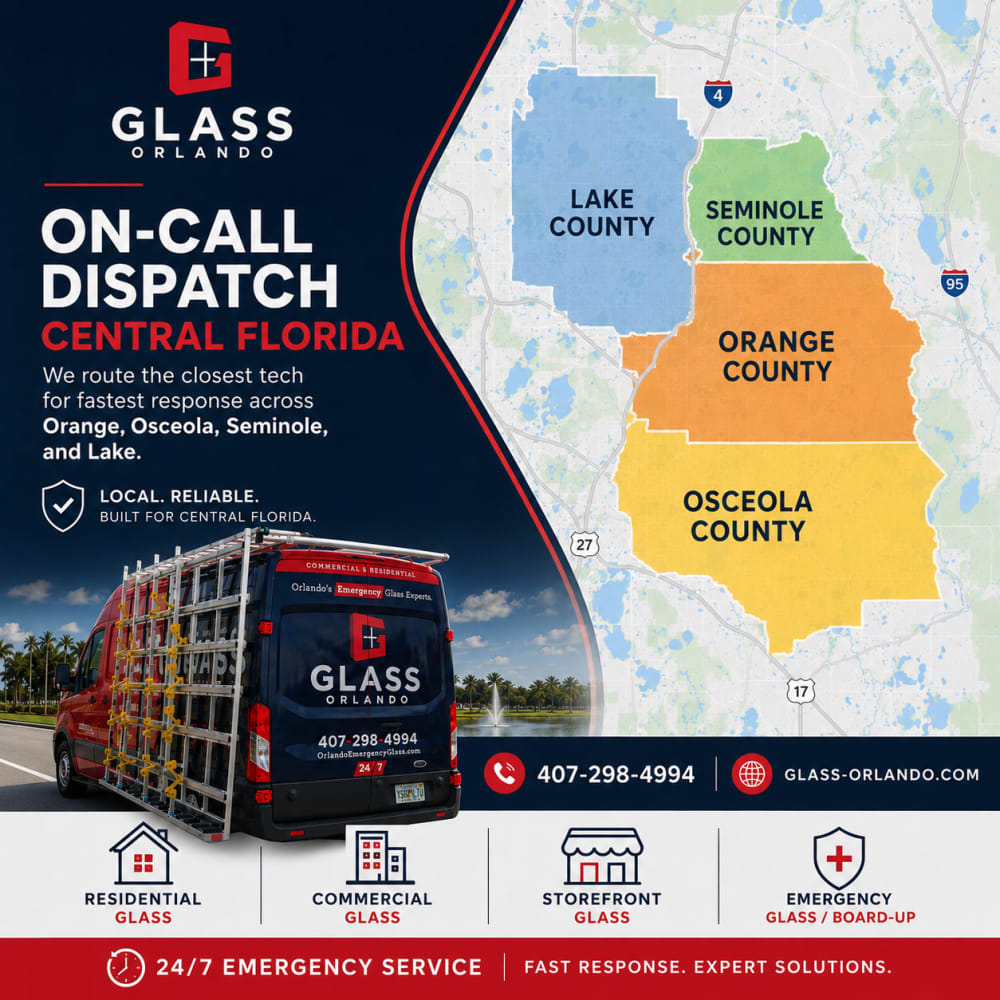 Map of Central Florida showing Glass Orlando coverage across Orange, Osceola, Seminole, and Lake Counties.