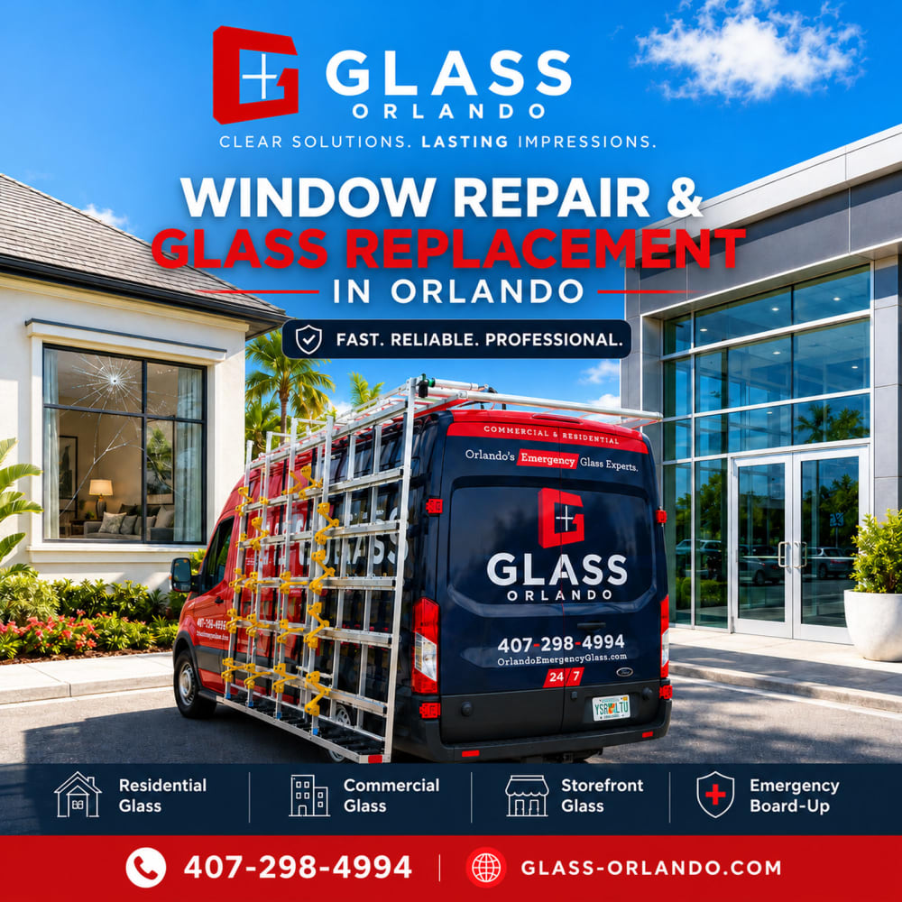 Residential cracked window and commercial glass entry door representing window repair and glass replacement in Orlando