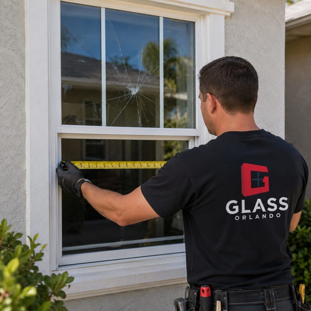 Technician measuring broken single-hung window glass at a Campbell Florida home